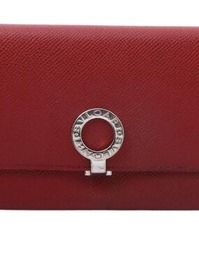 Bulgari Red Textured Leather Wallet with Silver Circular Logo